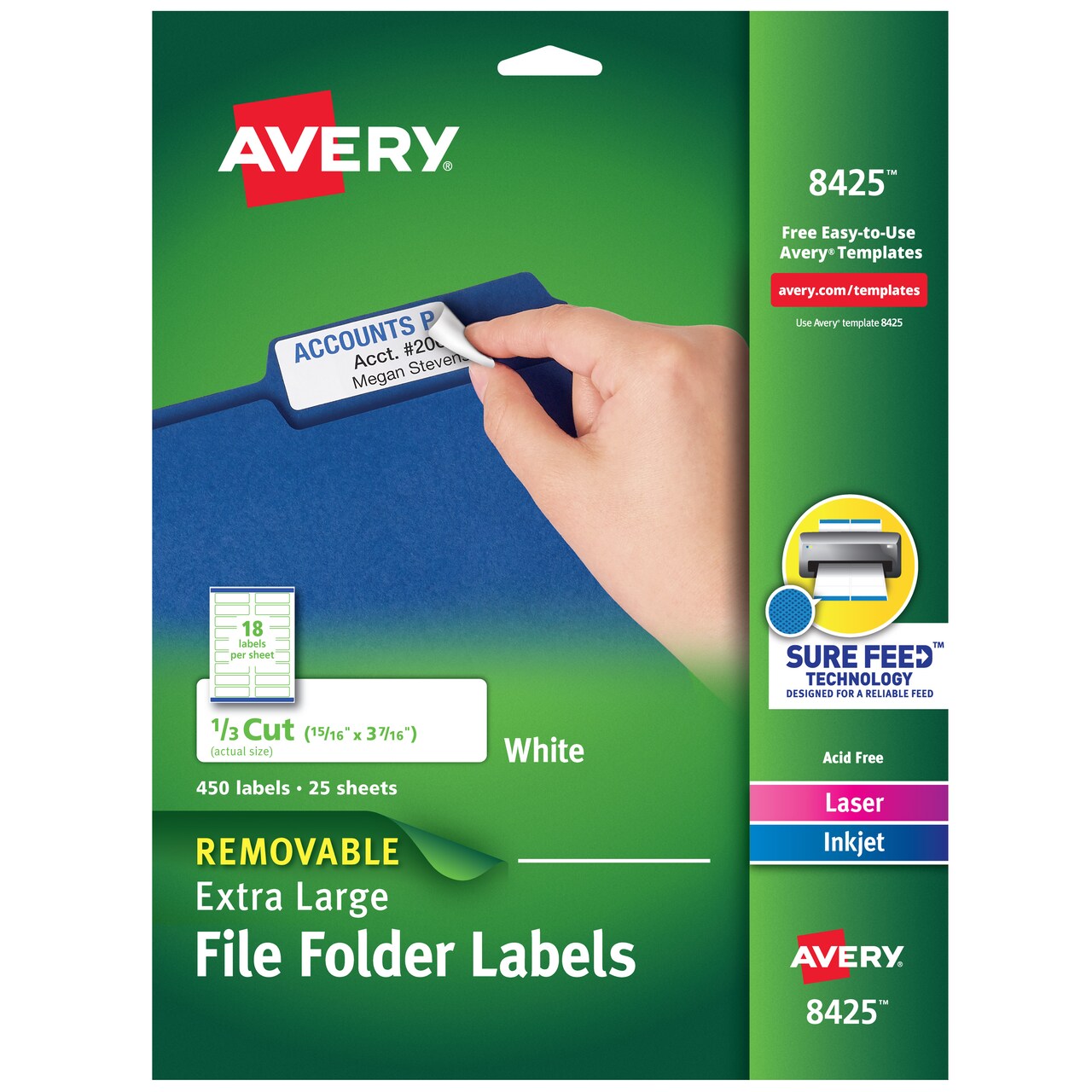 Avery Extra Large File Folder Labels, 15/16" x 3-7/16", 450 Printable Labels, Removable, White (8425)